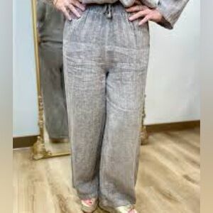 Tempo Paris Gray Blue Embroidered Linen Pants, Size L, NWT